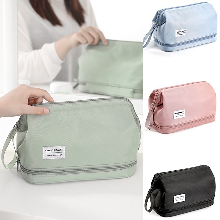 Double-layer cloud steel frame cosmetic bag, simple and fashionable portable cosmetic storage bag, large capacity travel toiletry bag