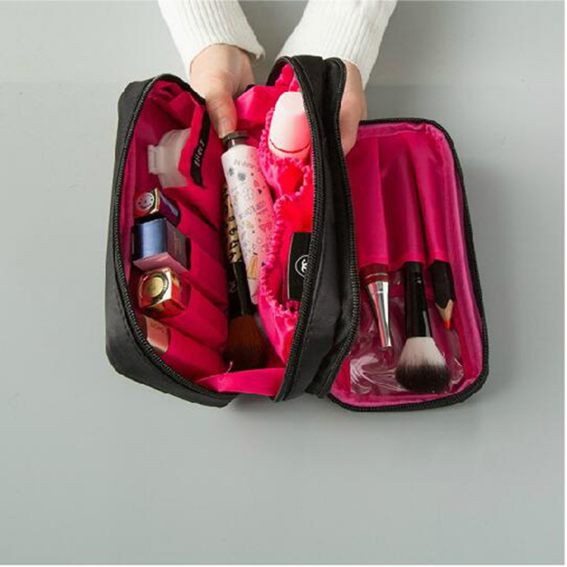 Temperament black nylon cloth double zipper cosmetic bag women's double-sided travel toiletry storage bag