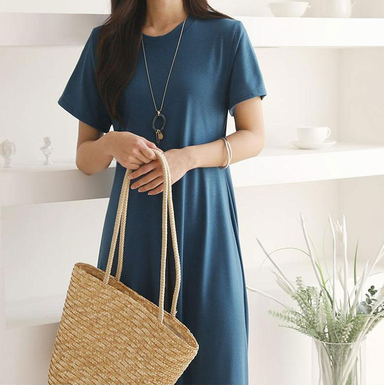Summer Korean women's long skirt dress short-sleeved new style loose temperament solid color slimming large size home wear outer wear