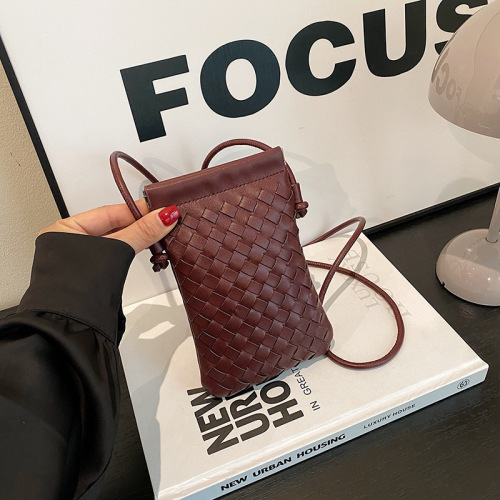 Fashion retro mobile phone bag new woven texture mini shoulder crossbody bag casual solid color coin storage bag for women