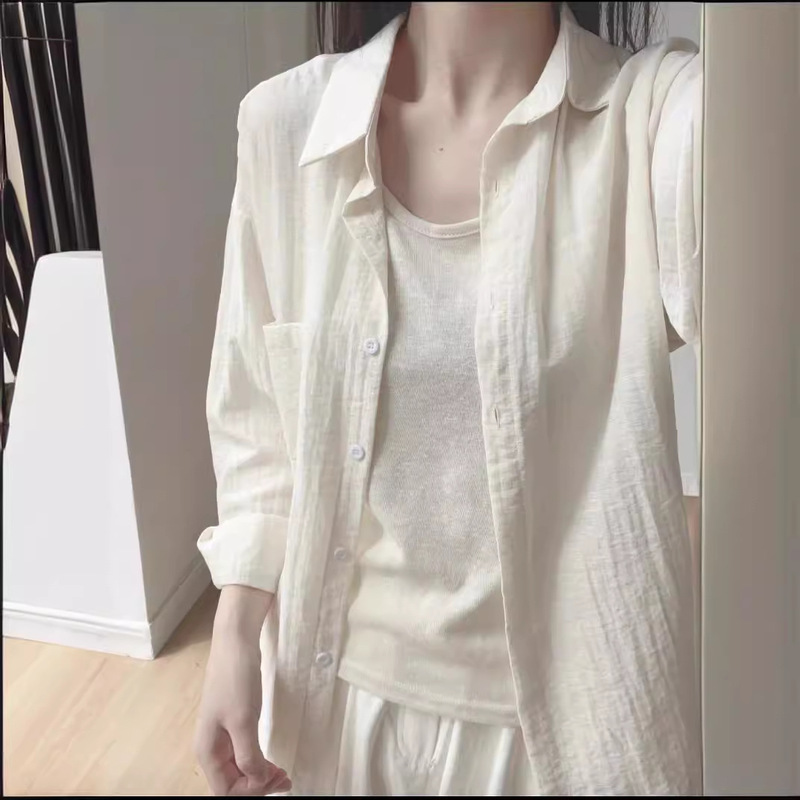 Looking forward to summer ~ French cotton and linen sunscreen shirt for women, cotton and linen thin shirt, high-end sunscreen long-sleeved two-piece set