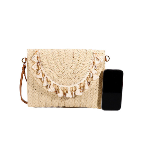 Papyrus clutch cross-border new tassel shell decorated flip crossbody bag woven bag women wholesale niche hand