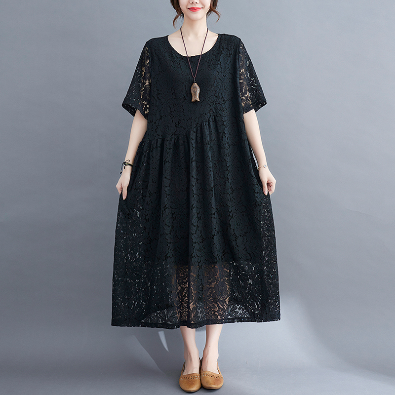 Real shot of new summer casual Korean style lace plus size women's round neck loose dress