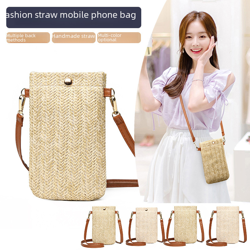 New summer beach bag for women, versatile one-shoulder cross-body bag, woven vertical mobile phone bag, straw coin purse