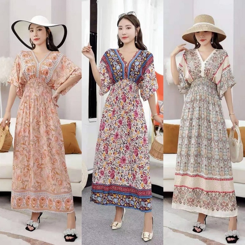 2024 summer new ethnic style cotton printed V-neck short-sleeved dress mid-length casual beach dress