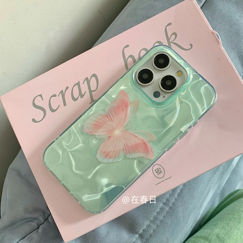 In spring ins mint mambo green niche butterfly double-layer printed mobile phone case is suitable for 15promax/14 new