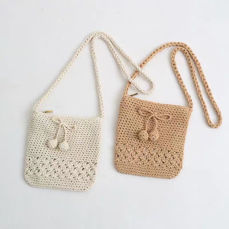 Japanese style forest girl literary retro cute braided small ball bow single shoulder diagonal small woolen bag for women