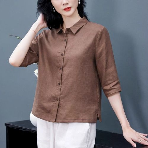 Five-quarter sleeve literary and versatile simple cotton and linen shirt for women 2024 summer new style literary loose and slim commuter shirt