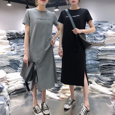 Korean style summer short-sleeved slit dress casual women's belly-covering large size loose mid-length T-shirt over the knee skirt