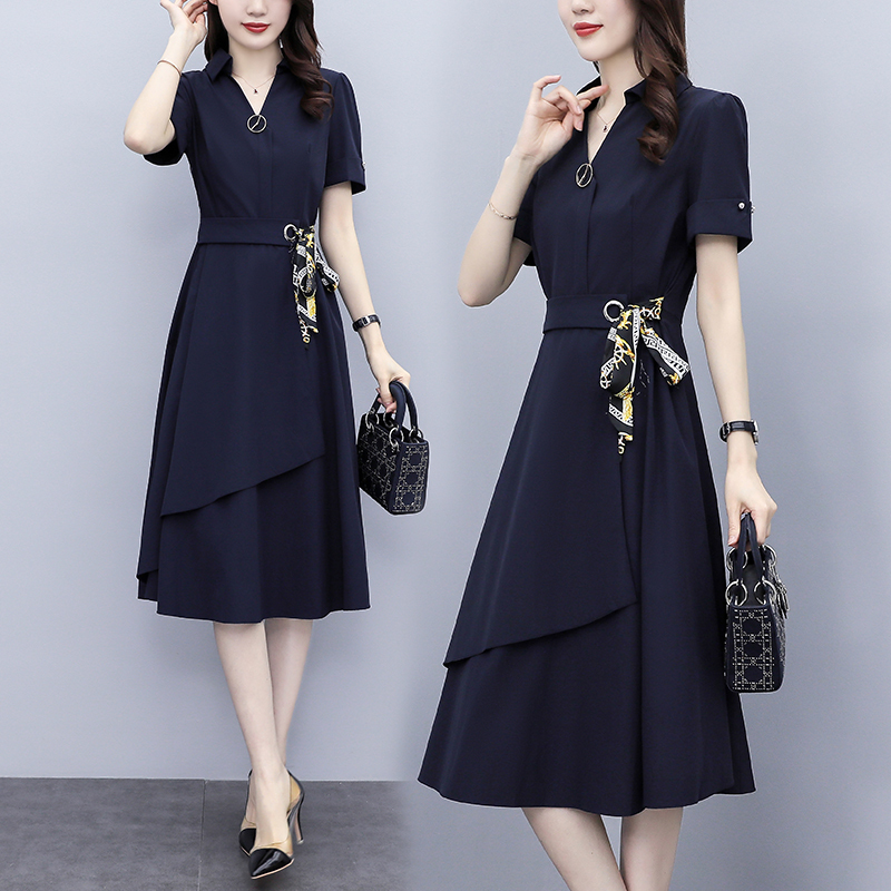 Real shot of plus size women's 2021 new summer temperament irregular skirt contrasting belt splicing dress