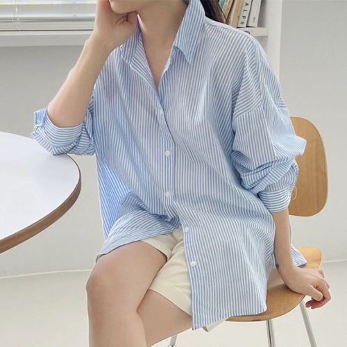 New early autumn new style casual all-match collar striped shirt loose long-sleeved thin shirt tops for women