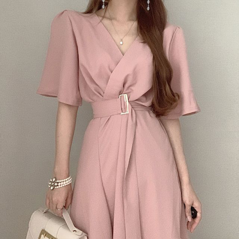 Korean chic summer French retro temperament V-neck bell-sleeved waist-tie knee-length short-sleeved dress