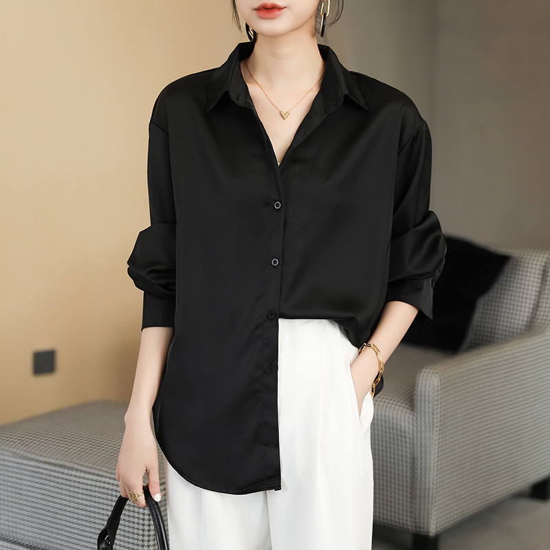 High-end cold style fashionable drape silk satin black shirt women's mid-length large size professional shirt spring and autumn new style