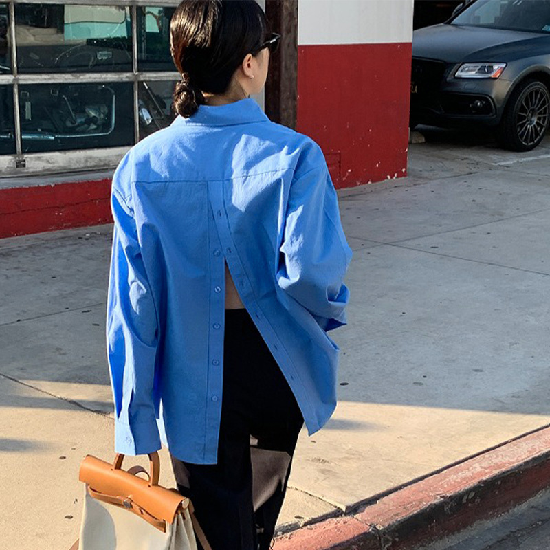 Summer casual Korean style woven cotton shirt fashionable lapel solid color new top slit back long sleeve coat for women
