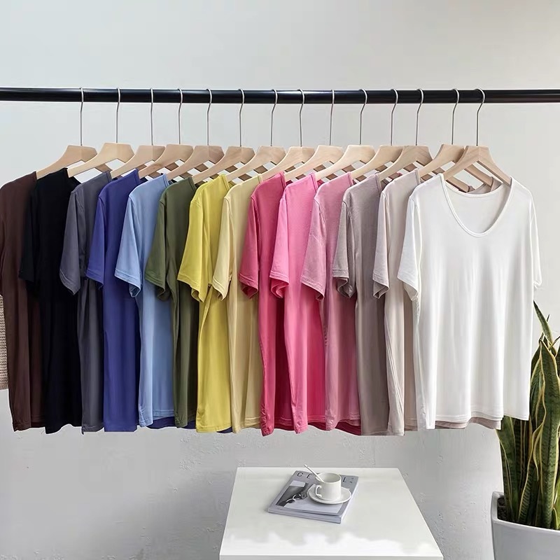 Short-sleeved T-shirt Korean style loose ice silk Modal T-shirt women's V-neck large size facial mask T-shirt Internet celebrity bottoming shirt