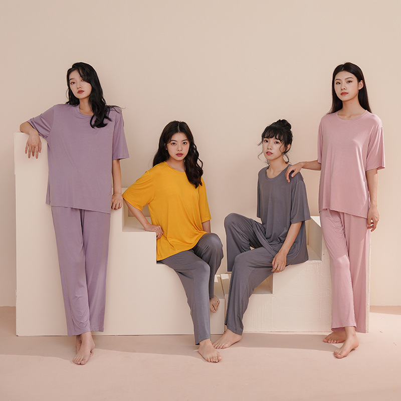 Modal pajamas women's summer short-sleeved trousers suit large size thin can be worn outside spring and summer home clothes with chest pads