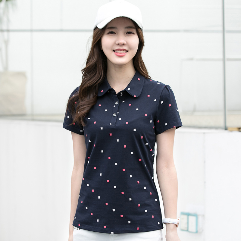 2024 new short-sleeved T-shirt for women spring and summer lapel printed versatile polo shirt casual lapel top for women
