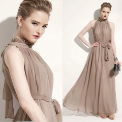 Halter neck floor-length stand-up collar chiffon dress beach dress extra long off-the-shoulder dress