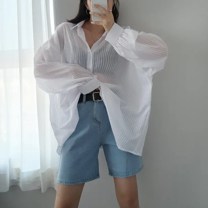 Spot goods!  Korean chic white striped sun protection shirt women's summer thin top new cardigan shirt jacket