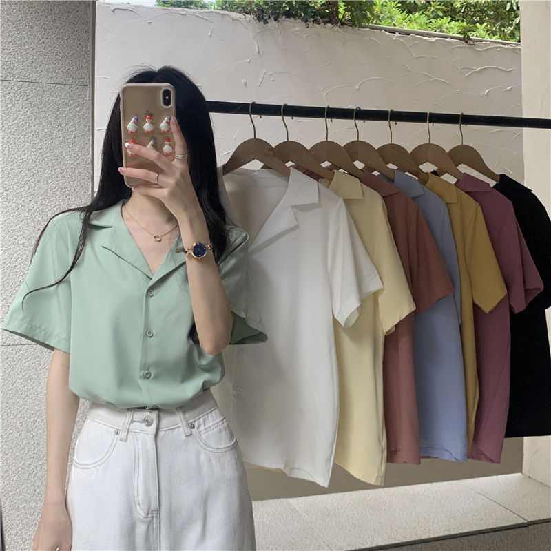Versatile shirt, high-end suit collar shirt, women's summer new retro niche Korean style short-sleeved top