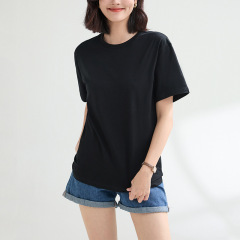 Pure cotton loose solid color 220g round neck T-shirt for women 2024 spring and summer new short-sleeved pullover basic unisex top