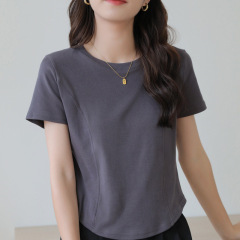 2024 pure cotton short-sleeved T-shirt for women summer slimming short right shoulder fishbone top bottoming shirt