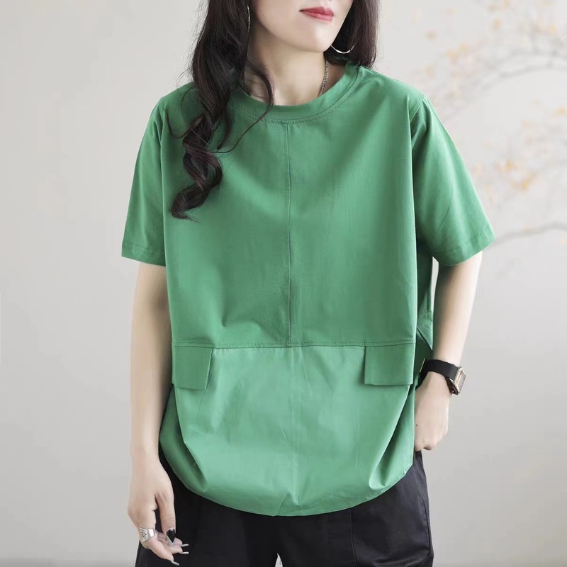 Ancient coffee clothing summer wear spliced ​​short-sleeved tops simple round neck commuting casual literary color matching large size T-shirt