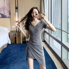 Summer new trendy low-cut V-neck shiny irregular cross-hip tight dress