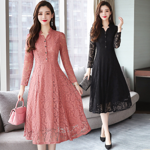 Actual shot of new autumn clothing, lace slimming temperament, women's solid color long-sleeved plus size dress, mother's long dress