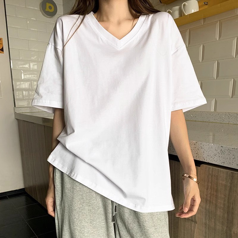 White short-sleeved t-shirt for women v-neck pure cotton loose half-sleeved solid color Hong Kong style chic top large size fat mm slimming summer