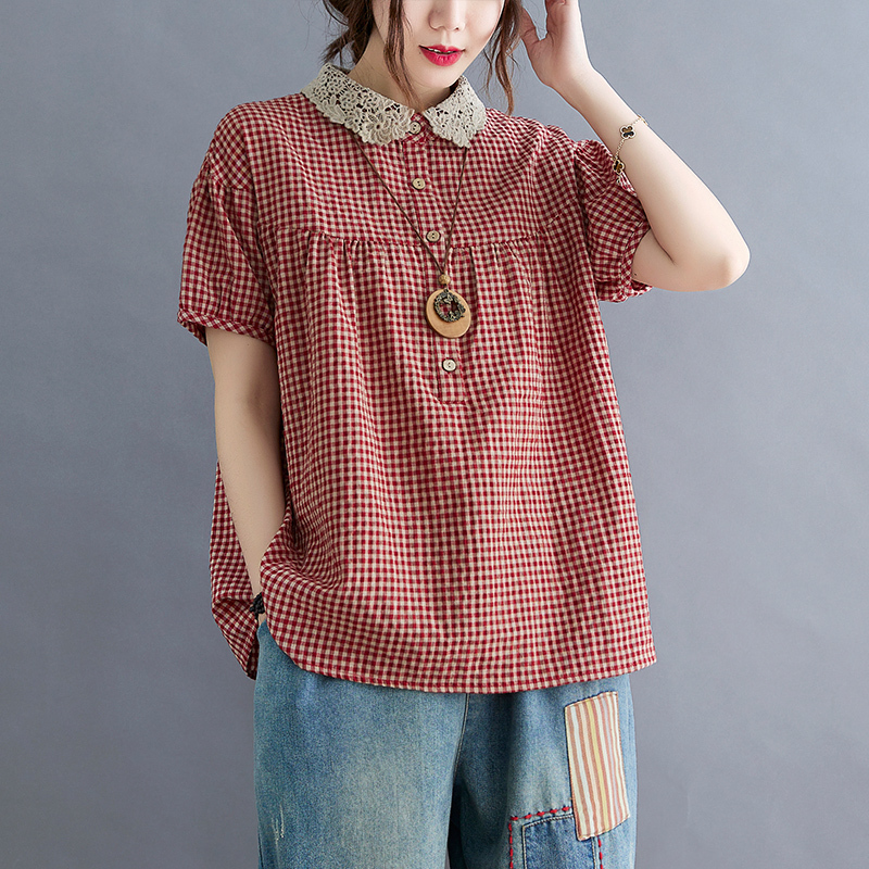 Summer New Style Fat Girl Cotton and Linen Plaid Large Size Doll Collar Slimming Versatile Short Sleeves