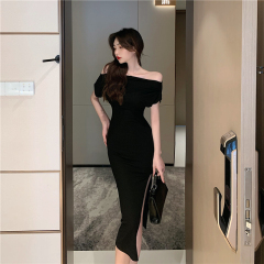 New socialite simple one-line slanted shoulder slim-fit irregular pleated side slit long skirt