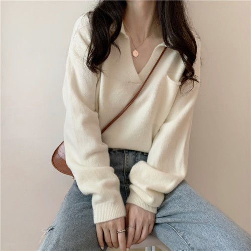 Korean style loose slimming retro lazy style V-neck pullover knitted sweater