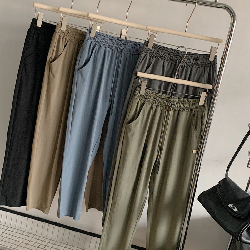2024 summer quick-drying casual pants for women, high-waisted, slim, loose, small-leg pants with pockets, drawstring straight pants