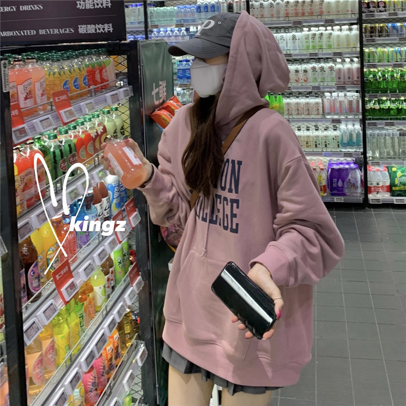 Korean style loose bf lazy style velvet printed letter hooded casual sweatshirt