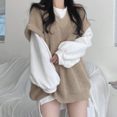 Korean chic autumn versatile round neck lantern sleeve slit sweatshirt + casual loose sweater vest for women