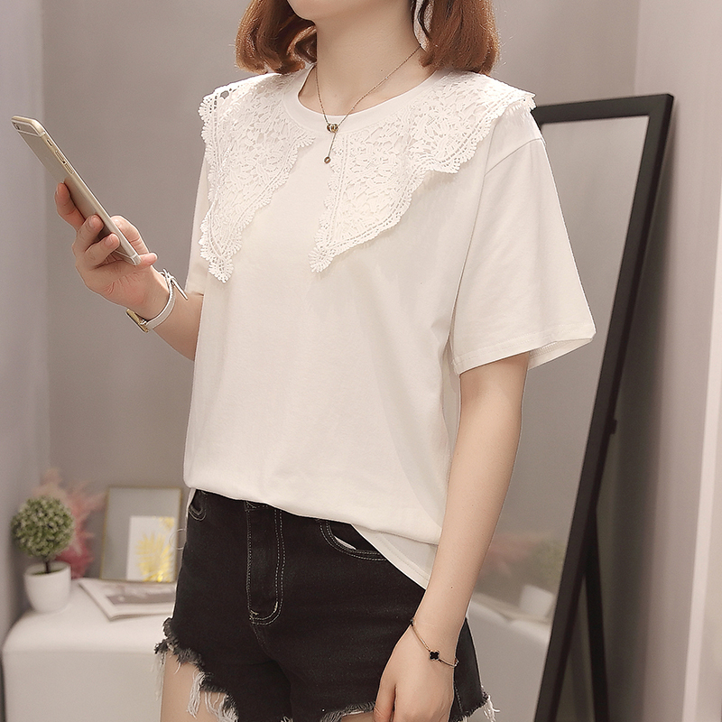 Summer new plus size women's clothing for fat girls 200 pounds doll collar splicing short-sleeved T-shirt slimming top