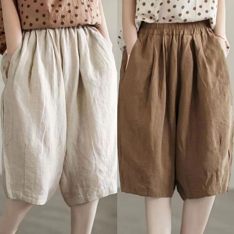 Cotton new cotton and linen casual pants for women 2024 spring and autumn large size loose harem pants high waist slimming five-point pants