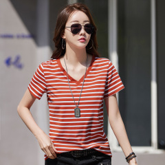 2024 summer new Korean style short-sleeved T-shirt women's pure cotton striped loose V-neck top