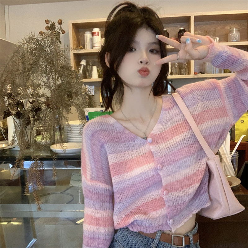 Rainbow striped knitted cardigan sweet and gentle style v-neck thin loose sun protection top jacket