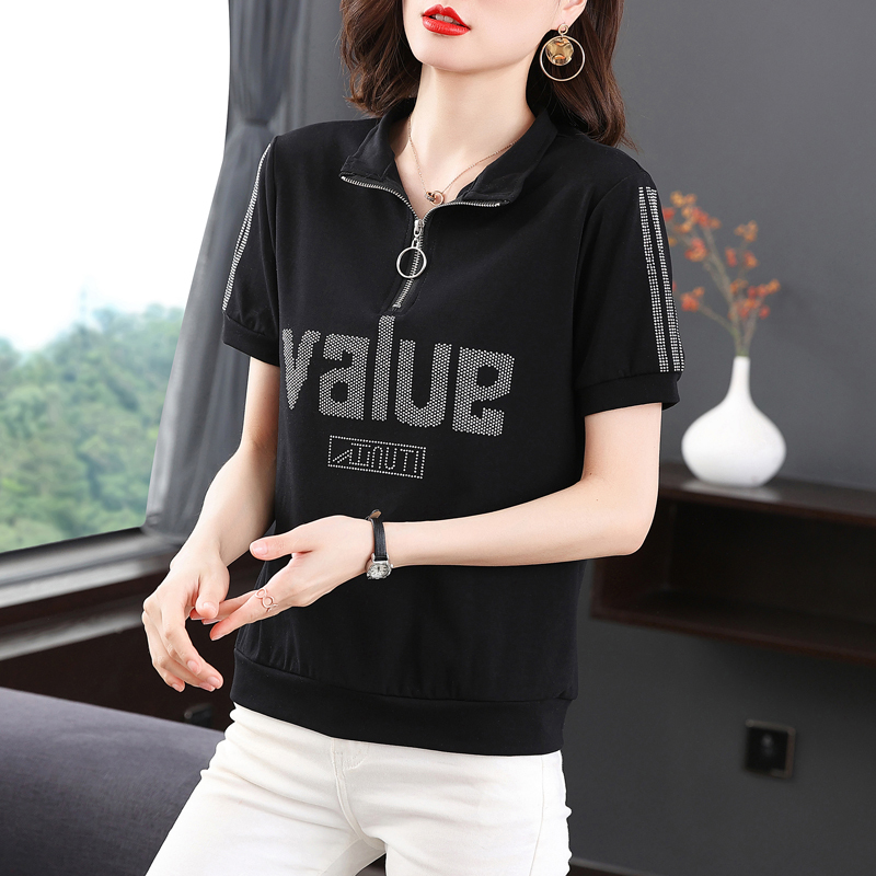 Middle-aged mother's fashionable age-reducing tops versatile new summer black loose short-sleeved women's T-shirt