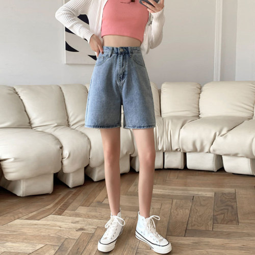 Light color five-point pants wide-leg denim shorts for women summer ins style thin high-waisted loose 5-point versatile straight-leg mid-pants