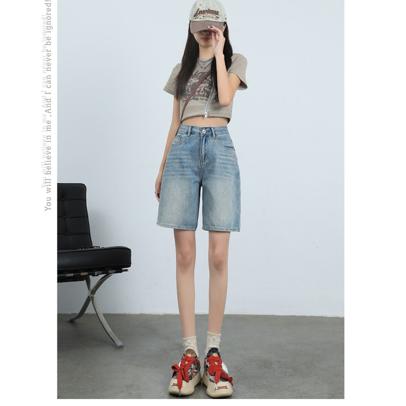 Five-point jeans women's summer thin new mid-pants loose straight Hong Kong style high-waist slimming five-point shorts