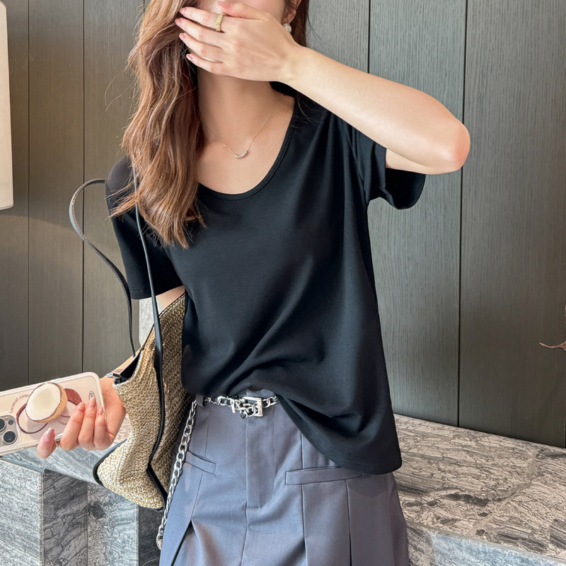 2024 New Loose V-neck Right Shoulder Short Sleeve T-shirt Women's Summer Large Size T-shirt High-end Clothes Belly Covering T-shirt