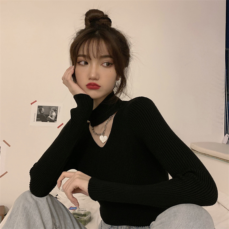Hong Kong style sexy sexy hollow half turtleneck bottoming thickened knitwear for women