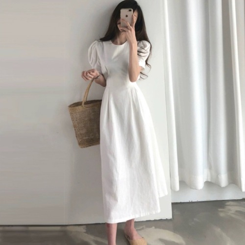 Platycodon French design long skirt white puff sleeve cotton and linen dress women's summer thin Korean version