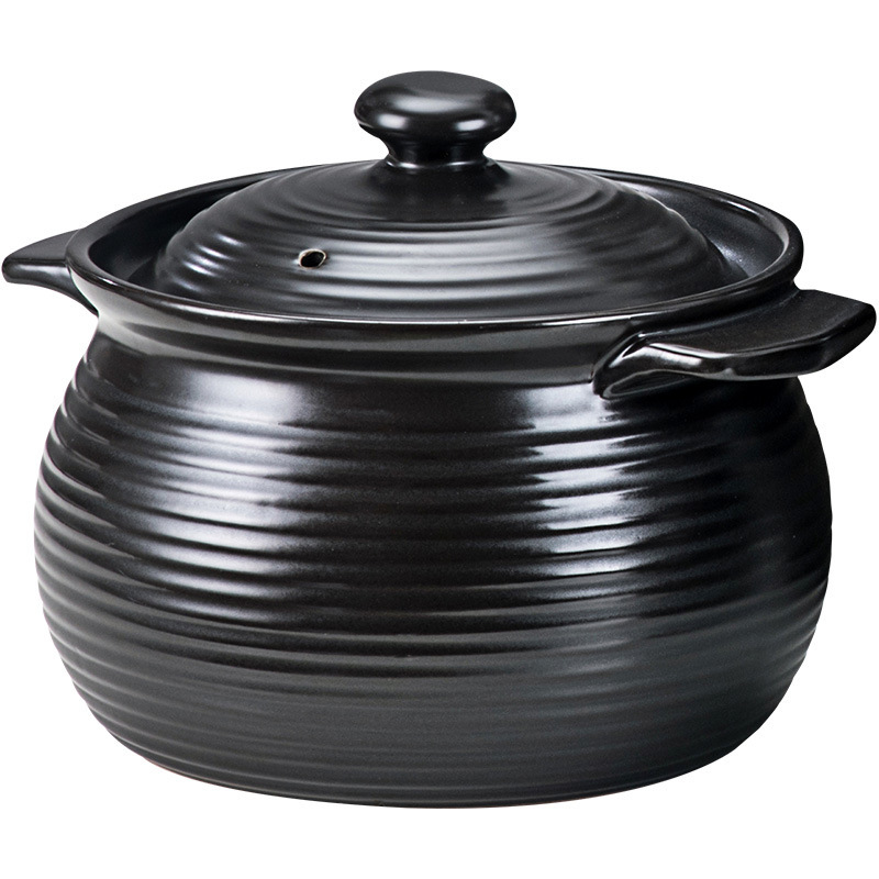 Manufacturer wholesale Chaozhou double-ear threaded soup pot, retro ceramic pot, black stew pot, porridge, open flame will not crack