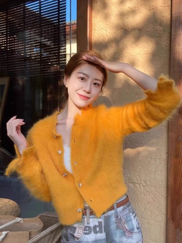 2024 early spring new orange mohair sweater women's winter knitted cardigan coat chic high-end top