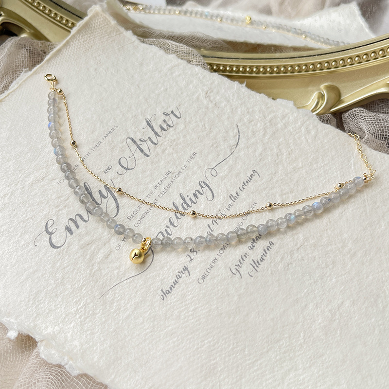 Qiaoen ins niche light luxury original design natural crystal bracelet gray moonlight bell anklet manufacturer wholesale