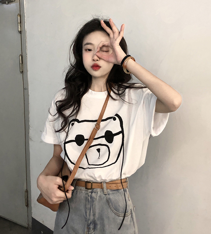All three standards!  Original in our store!  Pure cotton short sleeve T-shirt women's bear print top